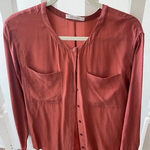 Everlane silk collarless blouse in coral/pink